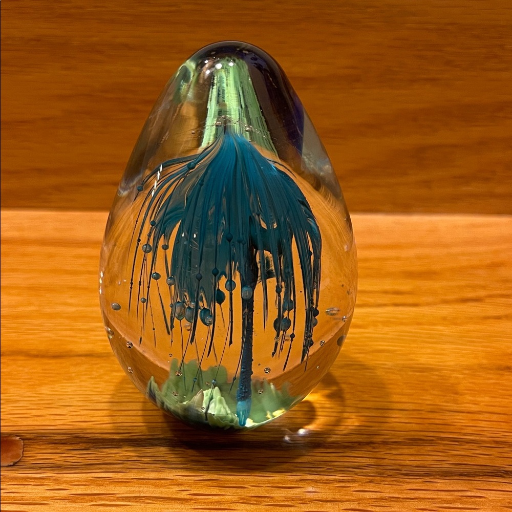 Artistic Glass Egg shaped Paperweight with Blue and Green Design